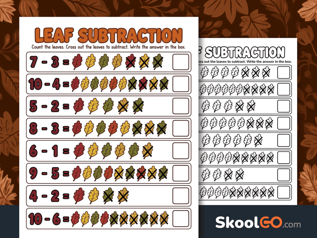 Leaf counting subtraction worksheet free printable PDF for early math practice