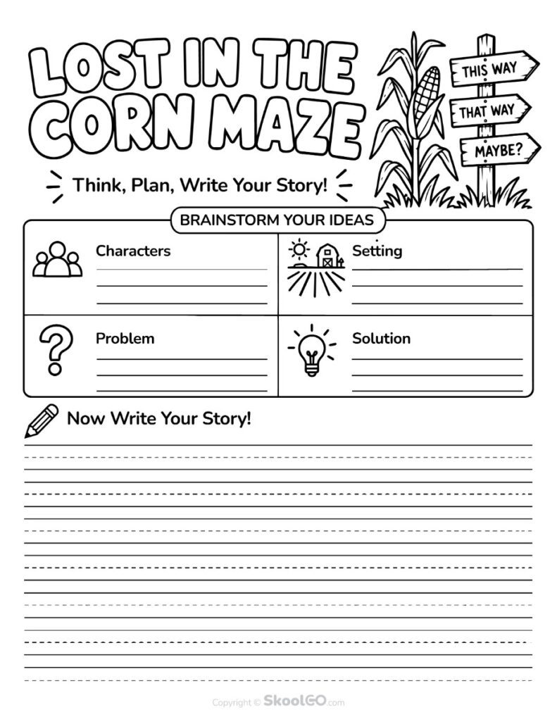Lost in the Corn Maze Story Writing Worksheet Black and White Version Black and white printable Lost in the Corn Maze Story Writing Worksheet