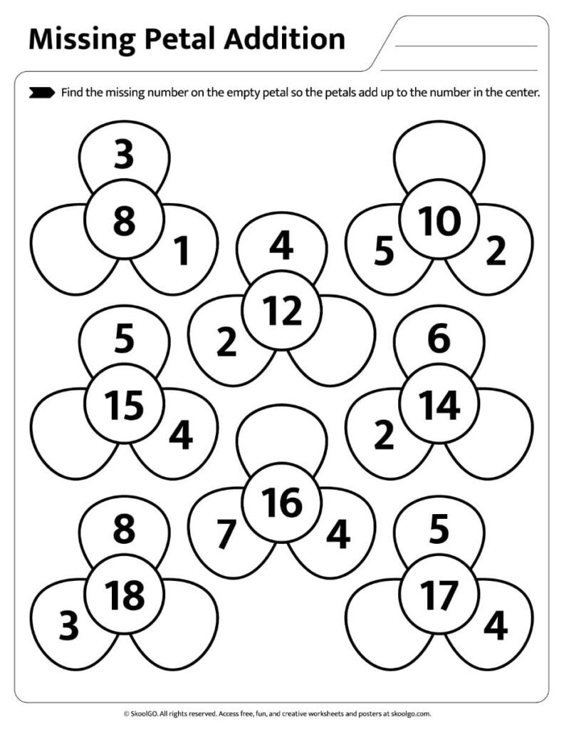 Missing Petal Addition Black and White Worksheet Black and white missing petal addition worksheet