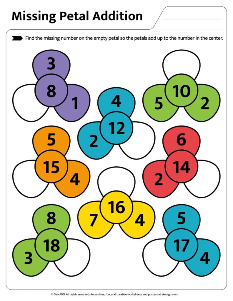 Missing Petal Addition Worksheet Color missing petal addition worksheet for early math practice