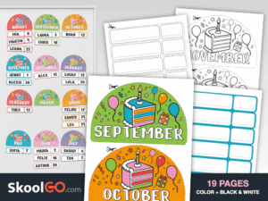 Free monthly birthday display printable featuring colorful and black-and-white classroom birthday decorations for every month.