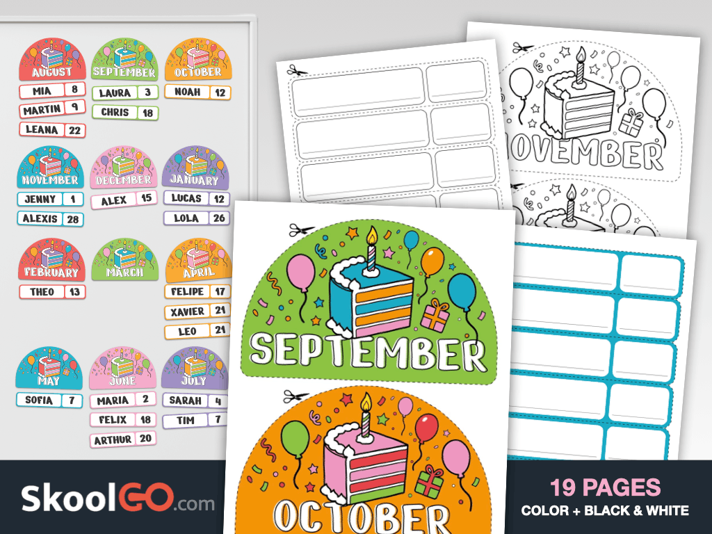 Free monthly birthday display printable featuring colorful and black-and-white classroom birthday decorations for every month.