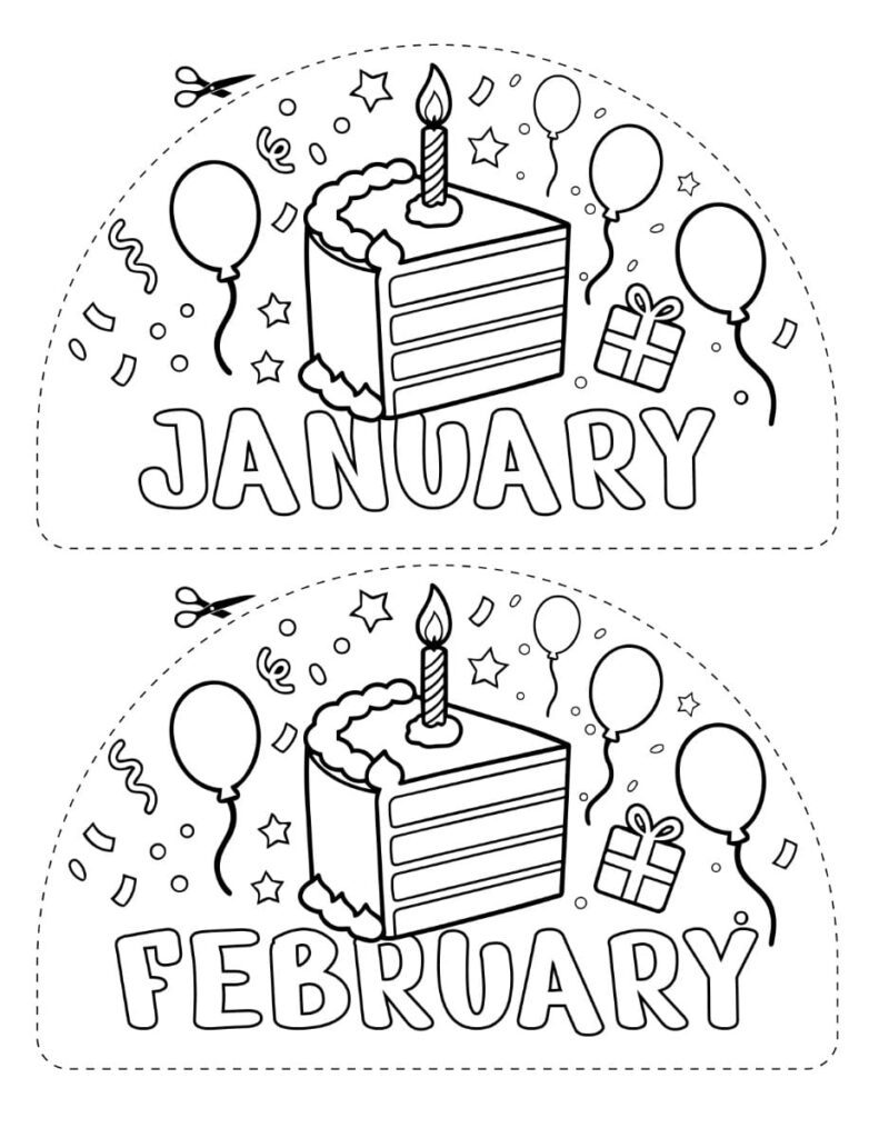 January and February Birthday Display Printable Black and White Black-and-white January and February birthday display printable with birthday cake, balloons, and gift illustrations for classroom walls.