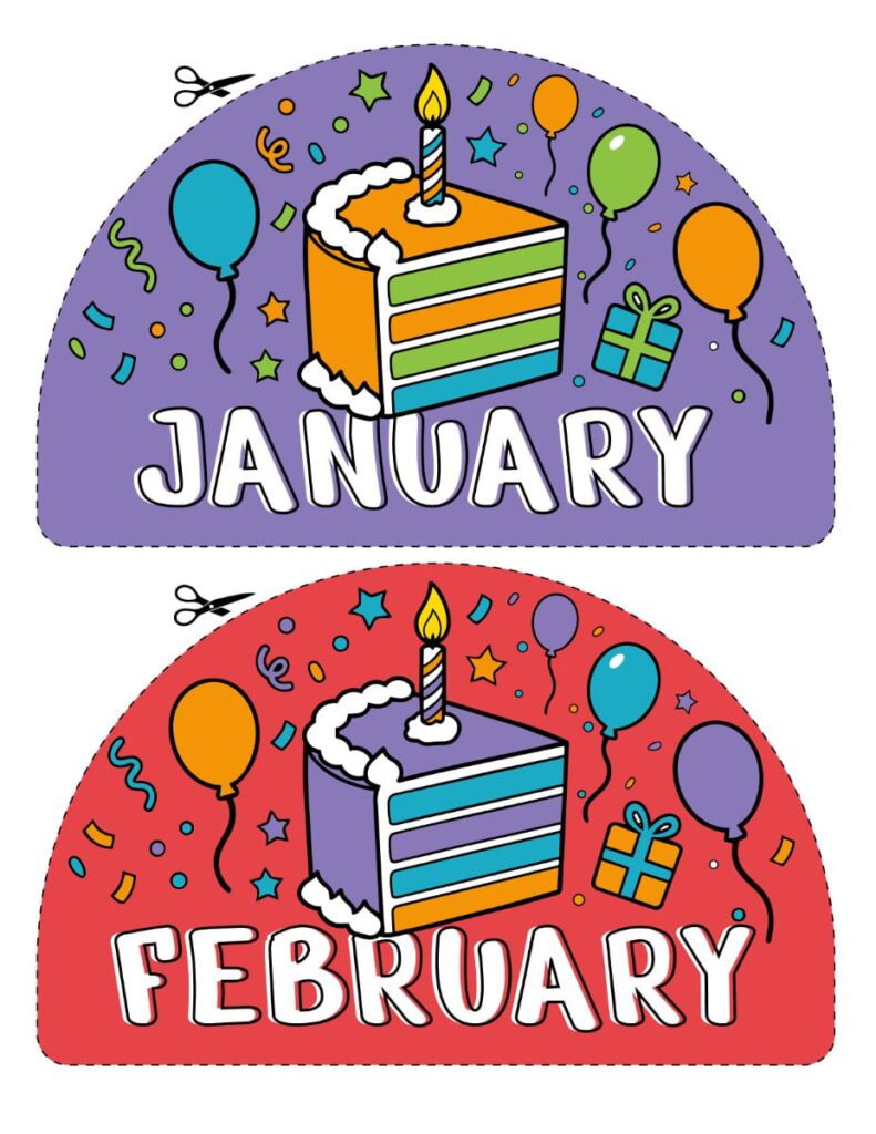 January and February Birthday Display Printable Colorful January and February birthday display printable featuring balloons, birthday cake, and gift illustrations for classroom walls.