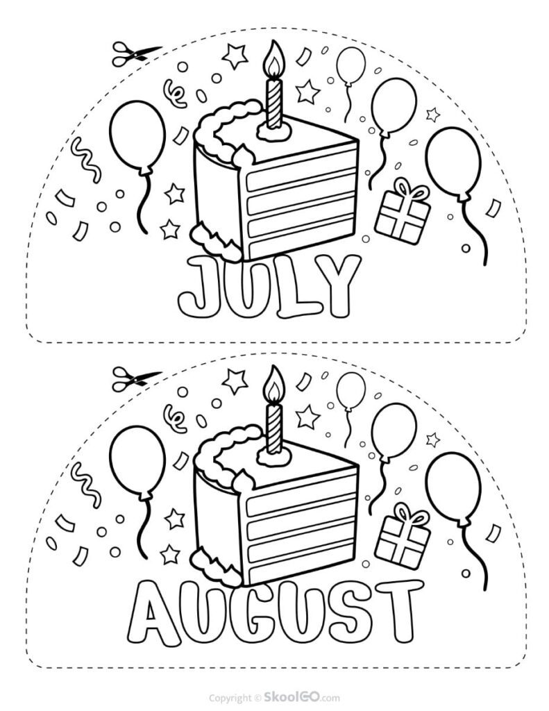 July and August Birthday Display Printable Black and White Black-and-white July and August birthday display printable for classroom birthday boards and bulletin board decorations.