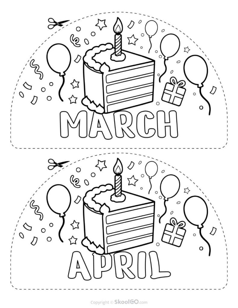 March and April Birthday Display Printable Black and White Black-and-white March and April birthday display printable for classroom birthday bulletin boards and wall displays.