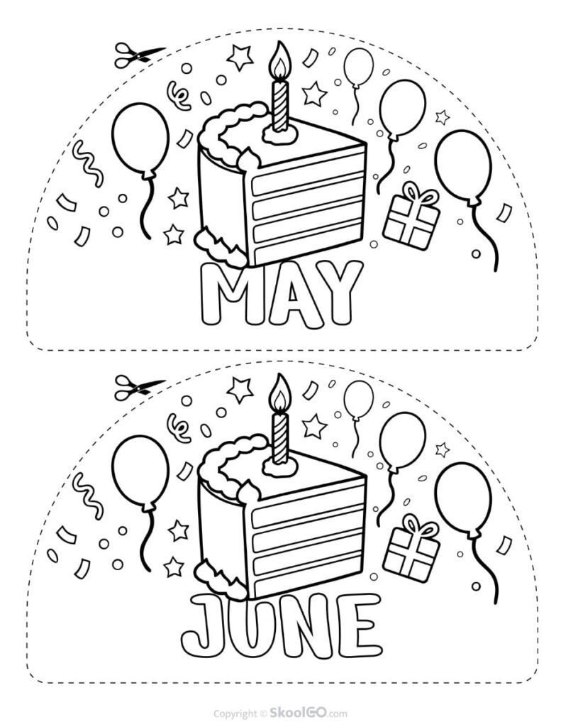 May and June Birthday Display Printable Black and White Black-and-white May and June birthday display printable featuring birthday cake, balloons, stars, and gift illustrations.