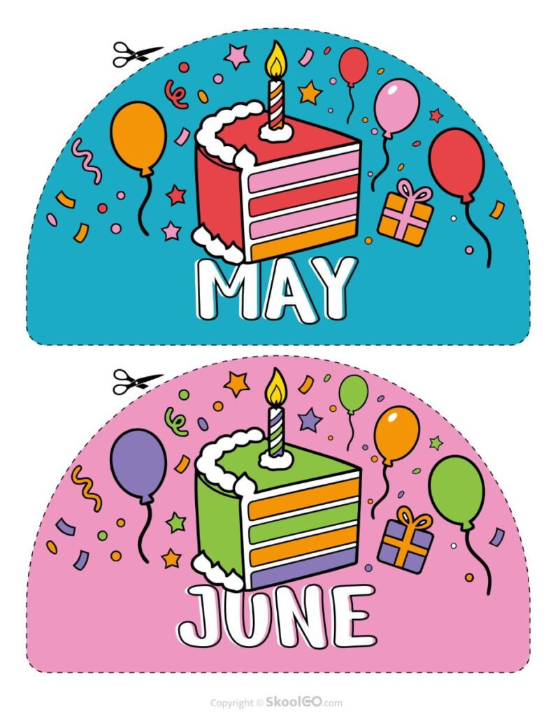 May and June Birthday Display Printable Colorful May and June birthday display printable with festive birthday cake, balloons, stars, and gift decorations.
