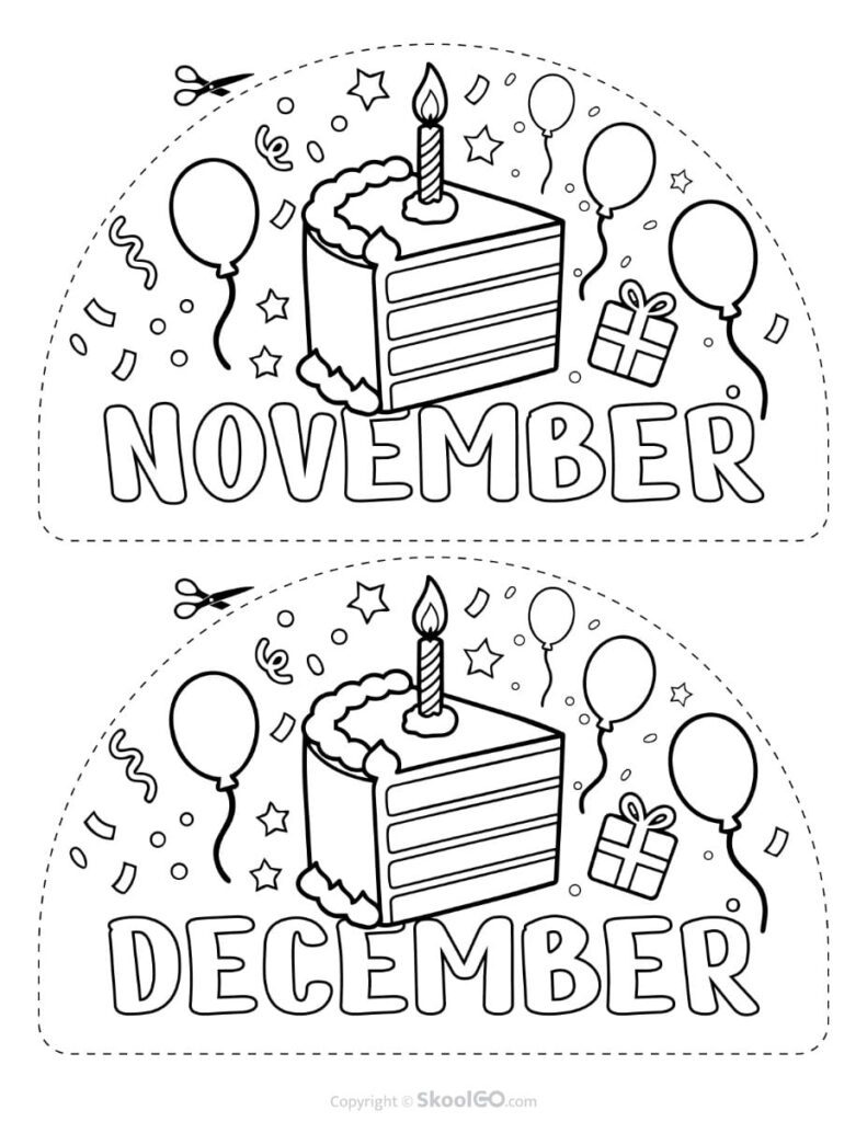 November and December Birthday Display Printable Black and White Black-and-white November and December birthday display printable for classroom birthday bulletin boards and wall displays.