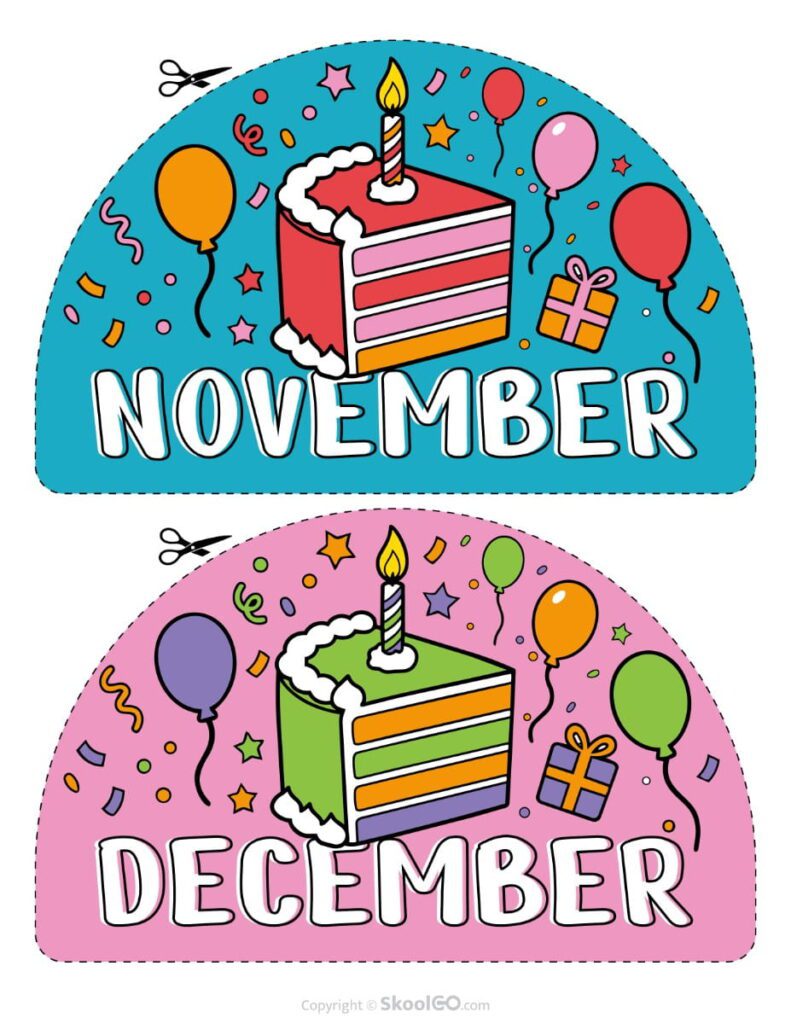 November and December Birthday Display Printable Printable November and December birthday display decorations for classroom walls and birthday bulletin boards.