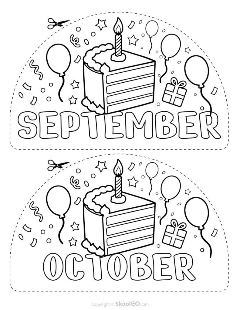 September and October Birthday Display Printable Black and White Black-and-white September and October birthday display printable with birthday cake, balloons, and festive decorations.