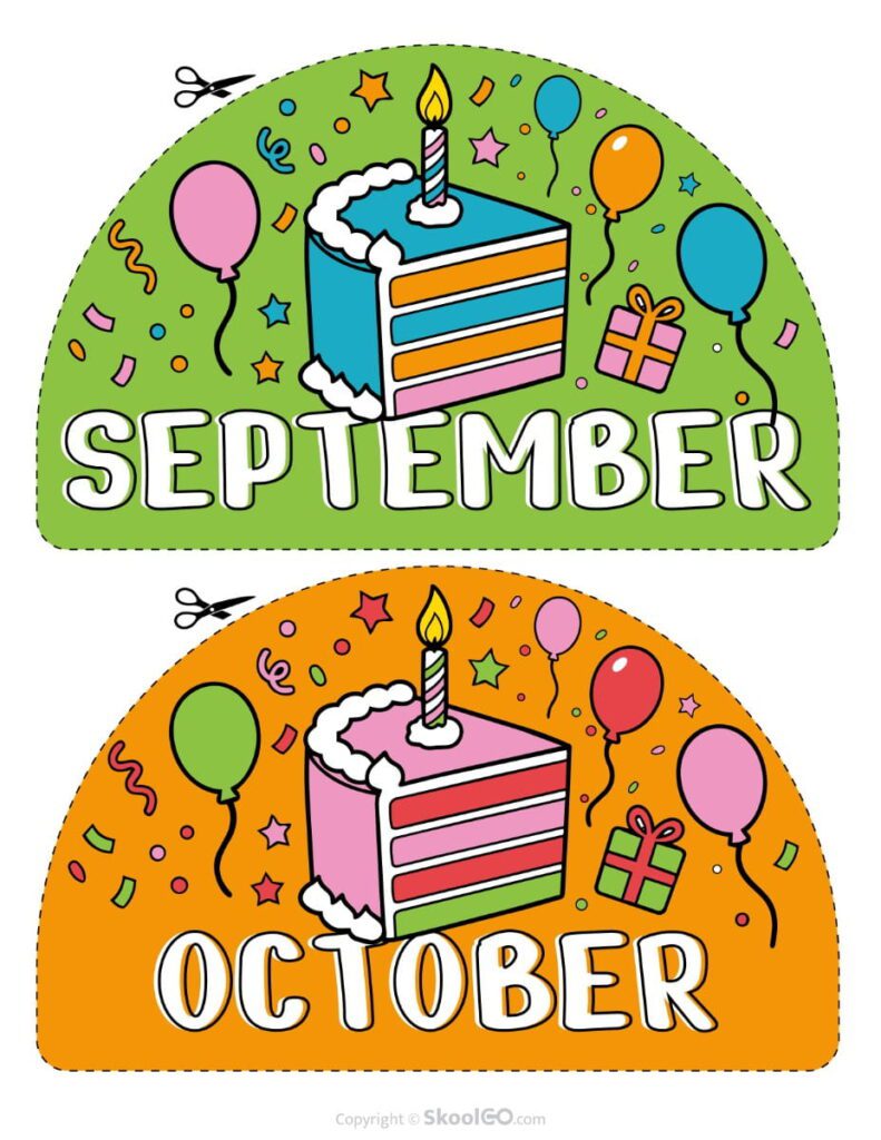 September and October Birthday Display Printable Colorful September and October birthday display printable with birthday cake, balloons, and gift illustrations.