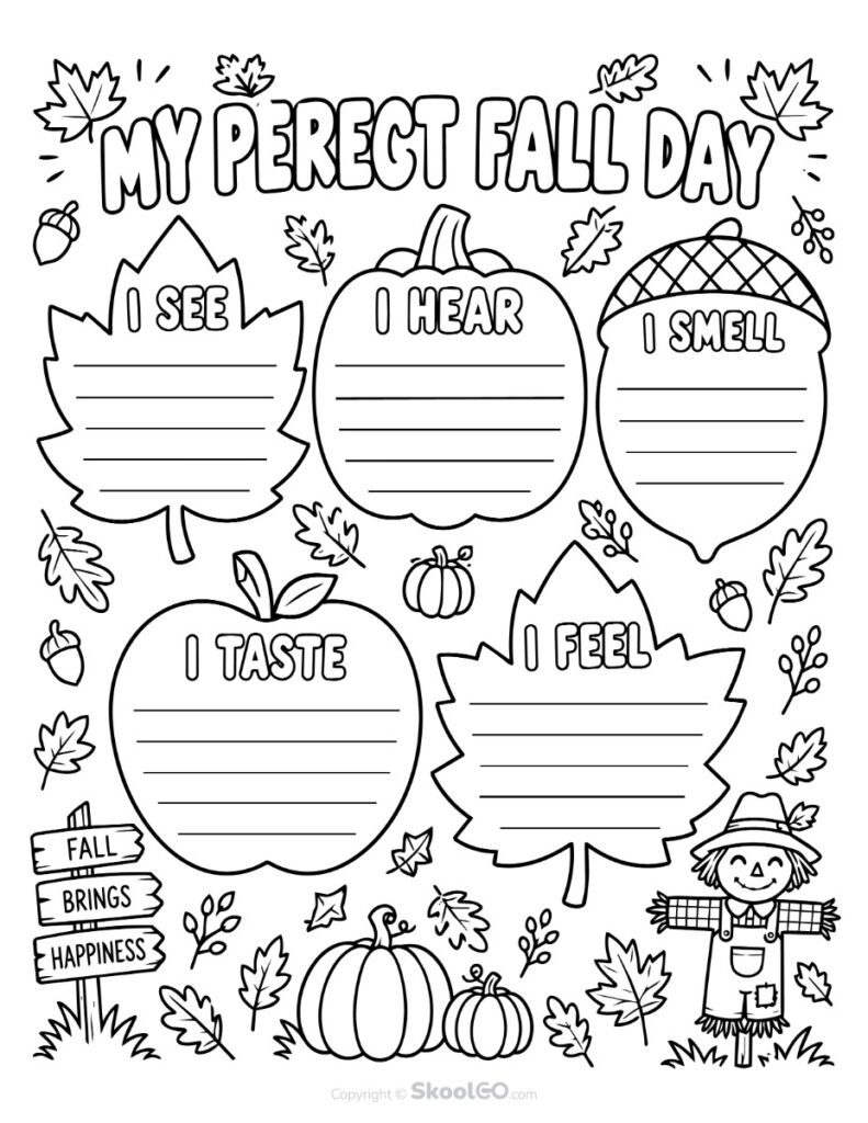 My Perfect Fall Day Black and White Worksheet Black and white printable My Perfect Fall Day Five Senses Worksheet for coloring and writing