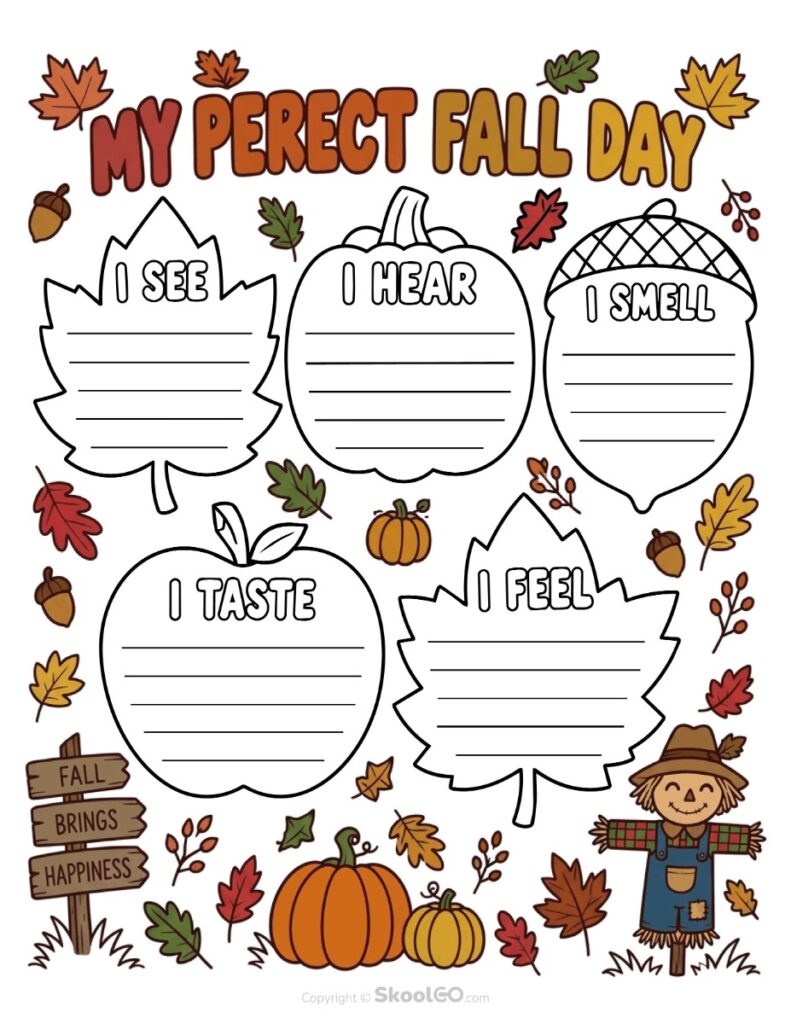 My Perfect Fall Day Color Worksheet Color version of My Perfect Fall Day Five Senses Worksheet with seasonal writing prompts
