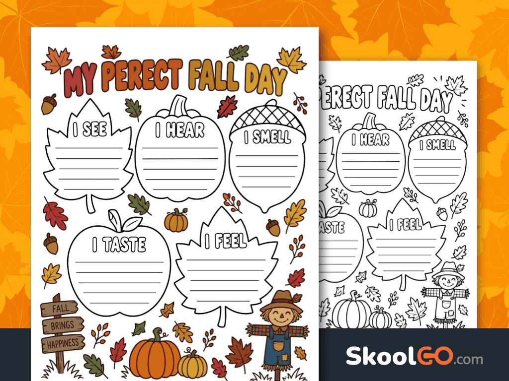 My Perfect Fall Day Five Senses Worksheet free printable for descriptive fall writing