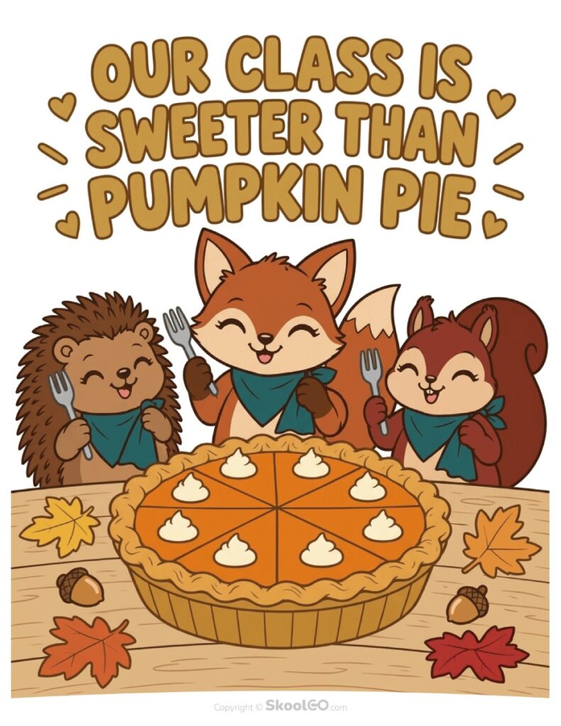 Our Class Is Sweeter Than Pumpkin Pie Color Poster Color version of the Our Class Is Sweeter Than Pumpkin Pie Classroom Poster with woodland animals and pumpkin pie