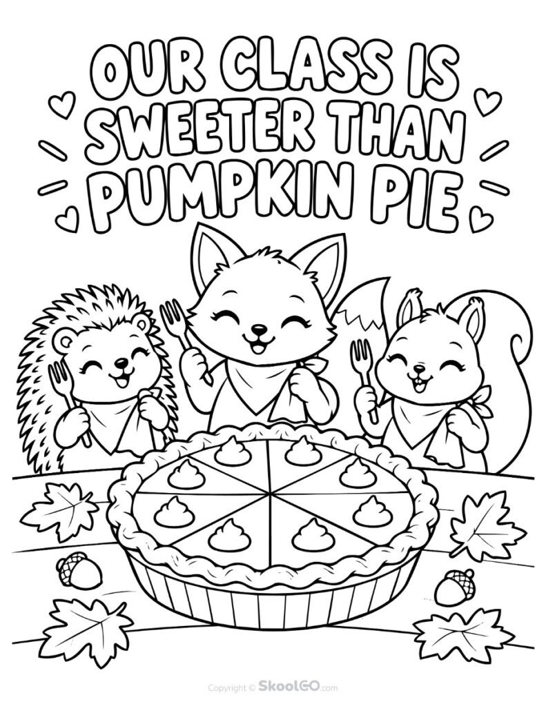 Our Class Is Sweeter Than Pumpkin Pie Coloring Poster Black-and-white coloring version of the Our Class Is Sweeter Than Pumpkin Pie Classroom Poster