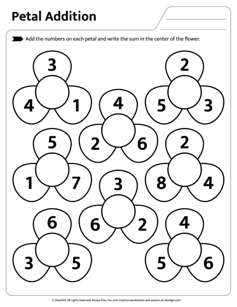 Petal Addition Black and White Worksheet Black and white petal addition worksheet