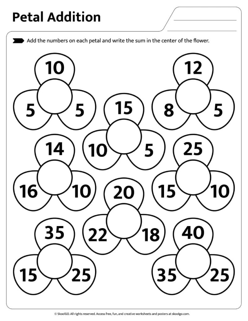 Petal Addition Black and White Larger Numbers Black and white petal addition worksheet with larger numbers