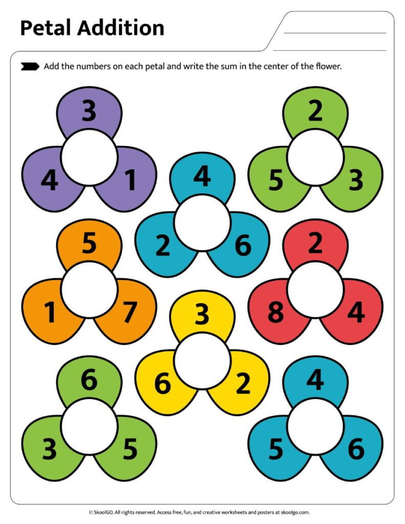 Petal Addition Worksheet Color Version Color petal addition worksheet with flower addition problems
