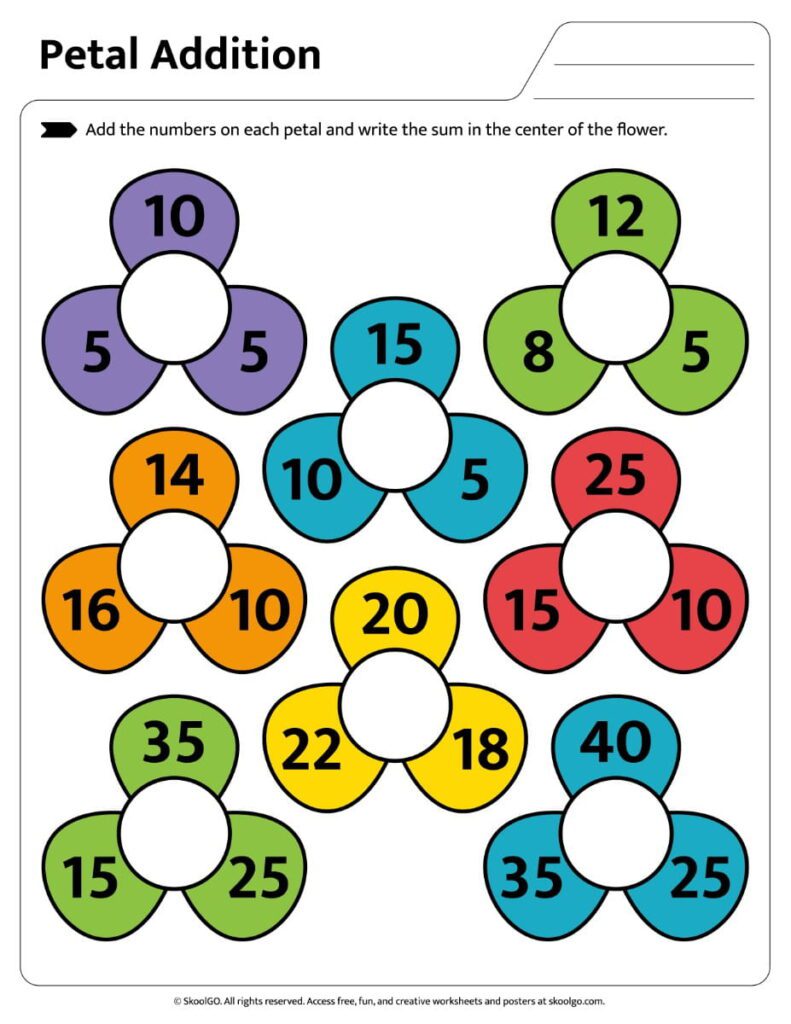 Petal Addition Worksheet Larger Numbers Color petal addition worksheet with larger addition facts