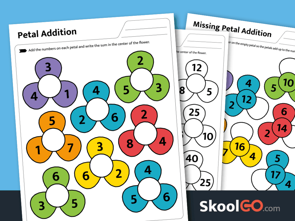 Free printable petal addition worksheets for early math practice