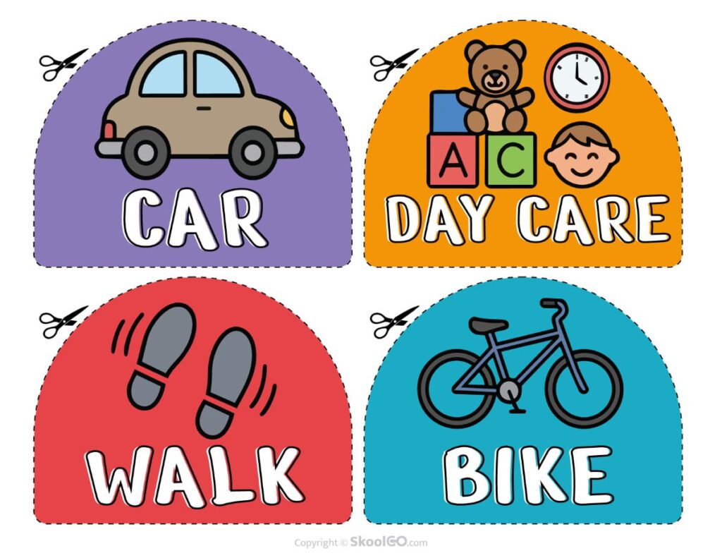 Color Transportation Cards – Classroom Dismissal Printable color classroom dismissal transportation cards for bus, car, walk, bike, daycare, and other pickup methods.