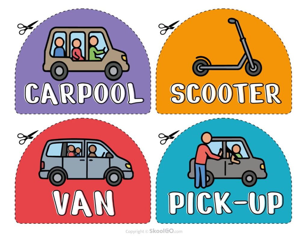 Printable Classroom Pickup Cards Printable transportation cards for classroom pickup routines with colorful illustrations.