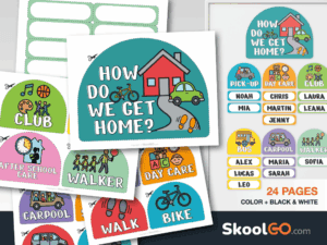 Printable classroom dismissal transportation cards free PDF for organizing student pickup routines.