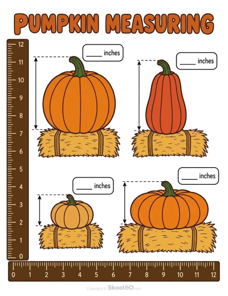 Pumpkin Measuring Worksheet Color Version Color Pumpkin Measuring Worksheet with four pumpkins measured in inches