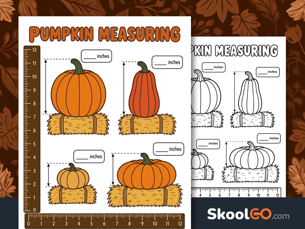 Pumpkin Measuring Worksheet free printable for practicing measurement in inches
