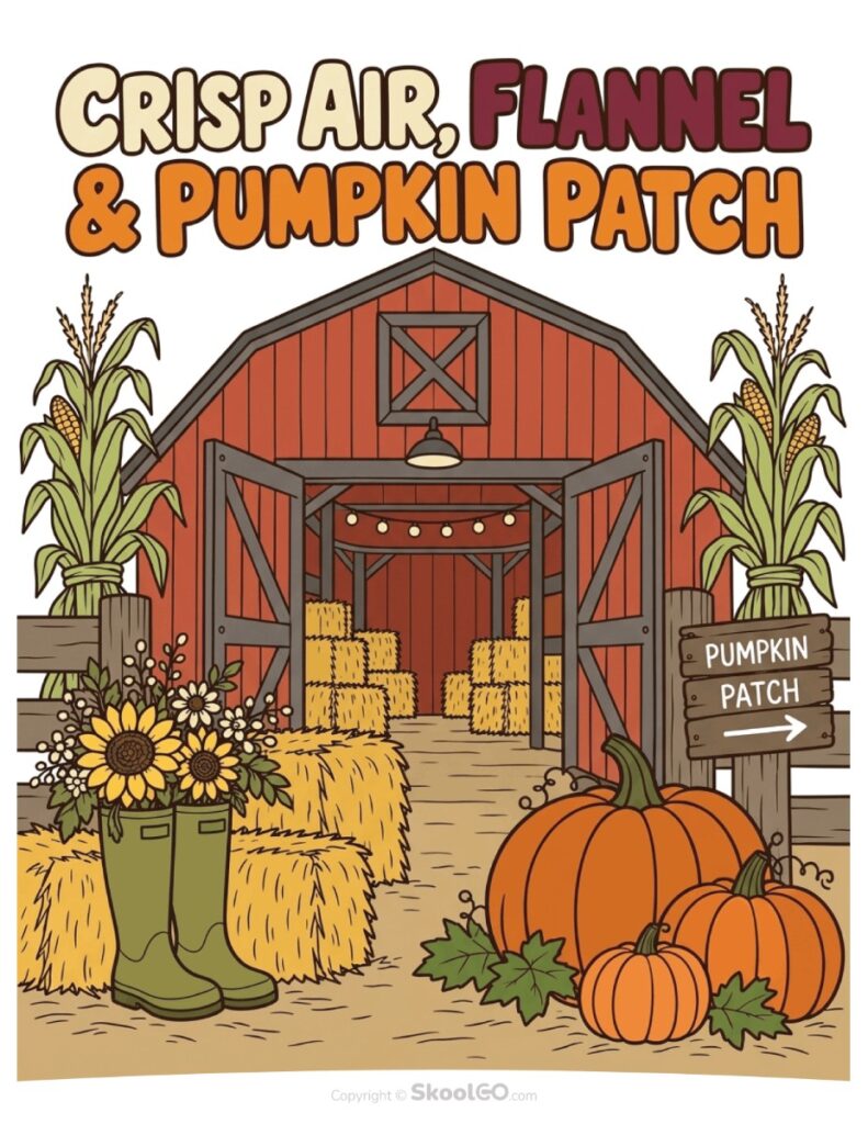 Crisp Air Flannel and Pumpkin Patch Color Poster Colorful pumpkin patch fall poster with barn, pumpkins, corn, hay, and flowers
