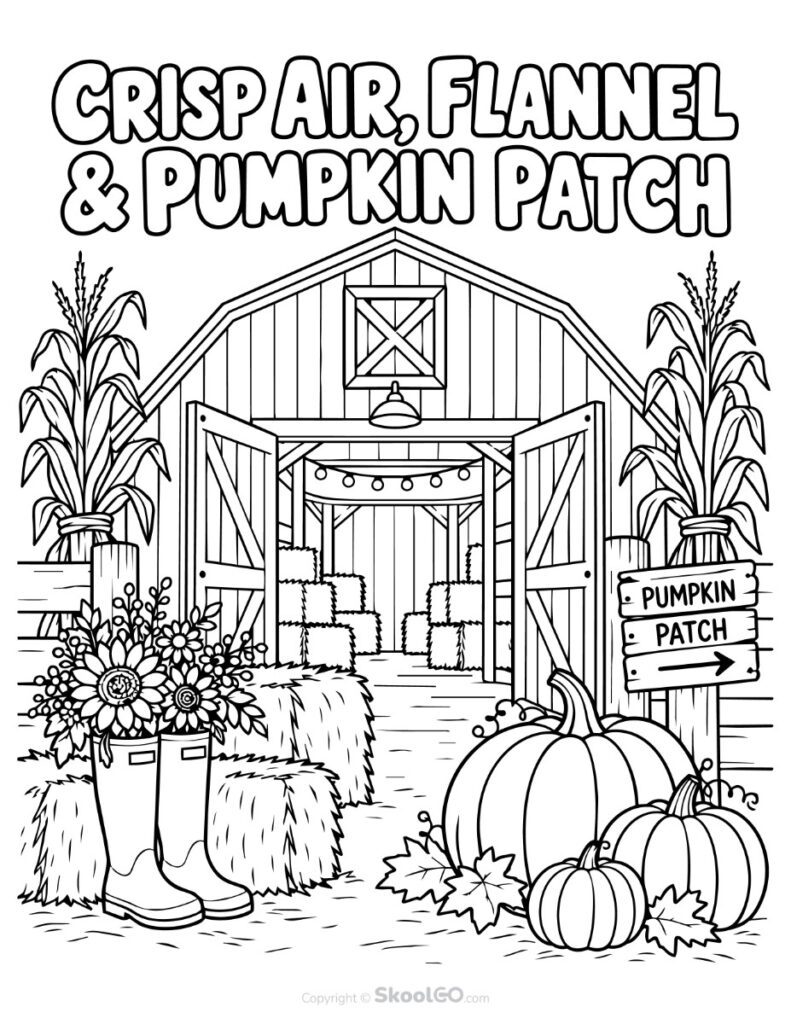 Pumpkin Patch Fall Poster Coloring Page Black-and-white pumpkin patch coloring page with barn, pumpkins, corn, and hay