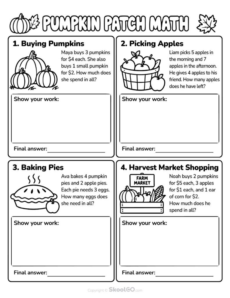 Pumpkin Patch Math Word Problems Worksheet Black and White Version Black and white Pumpkin Patch Math Word Problems Worksheet for easy classroom printing