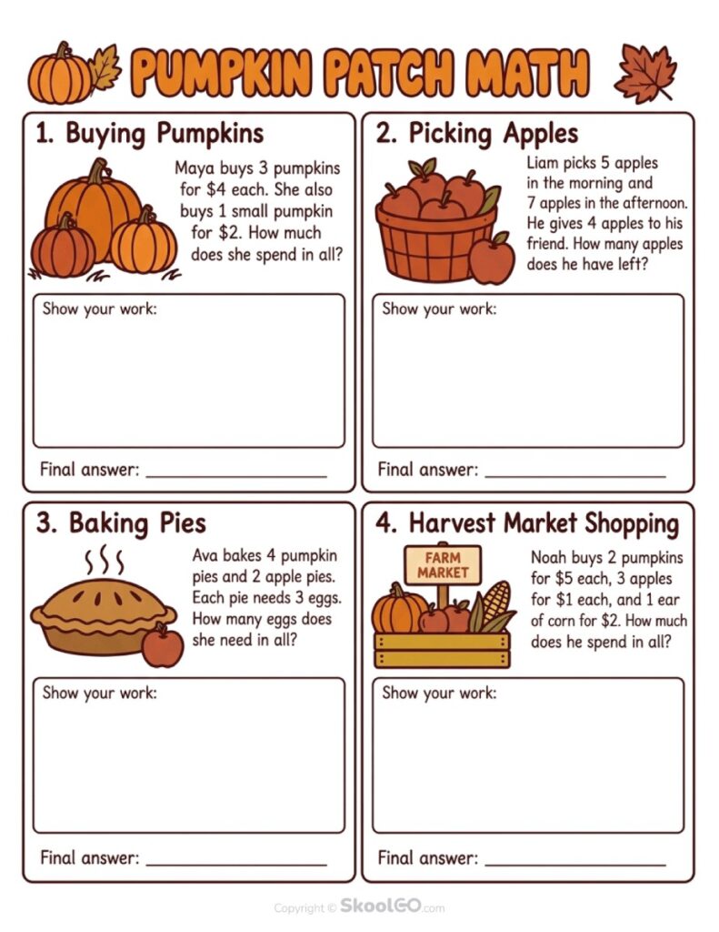 Pumpkin Patch Math Word Problems Worksheet Color Version Color Pumpkin Patch Math Word Problems Worksheet with four fall-themed math activities