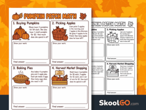 Free printable Pumpkin Patch Math Word Problems Worksheet for elementary students