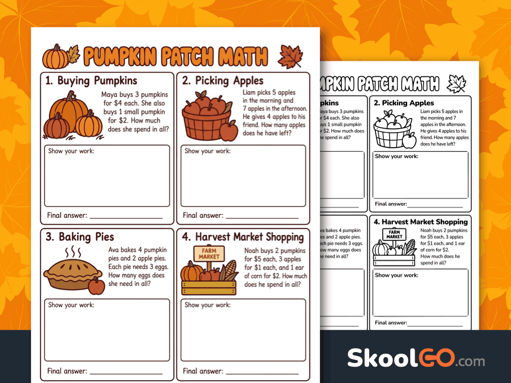 Free printable Pumpkin Patch Math Word Problems Worksheet for elementary students