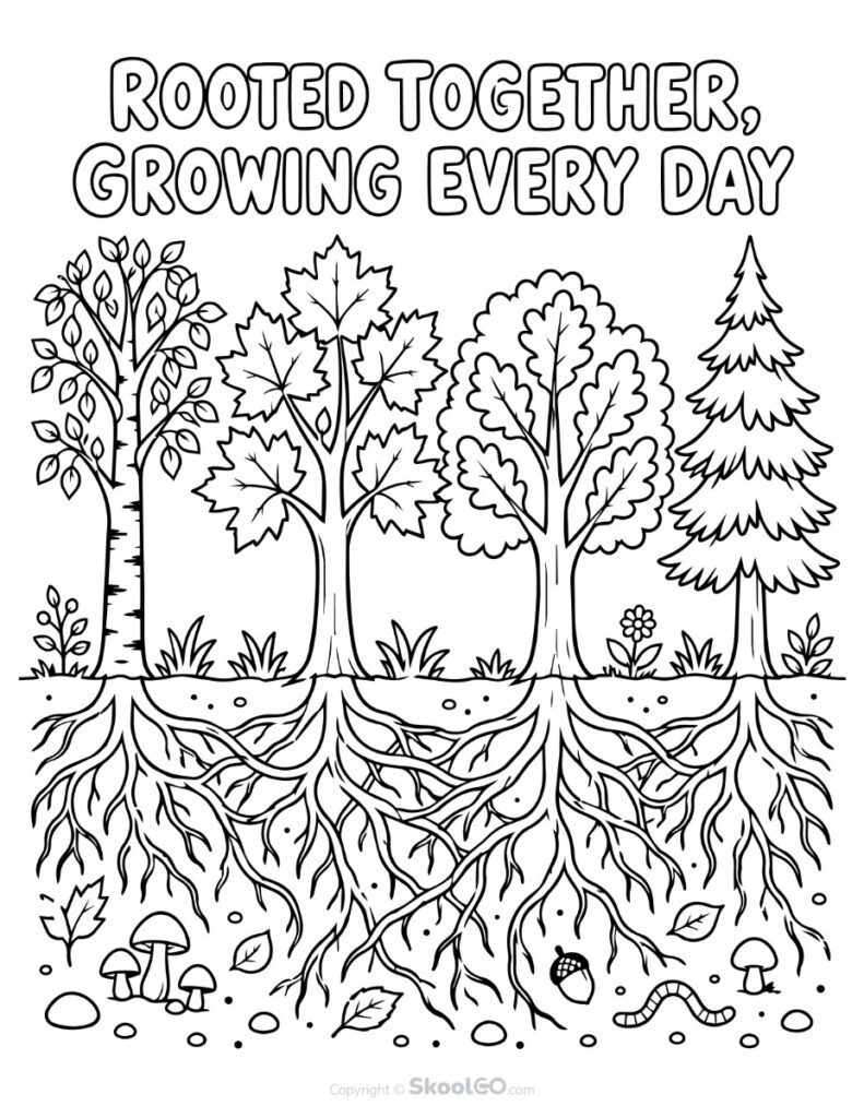 Rooted Together Growing Every Day Coloring Poster Black-and-white coloring version of the Rooted Together Growing Every Day printable poster
