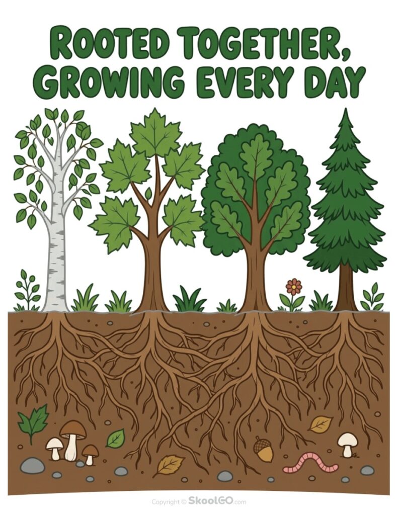 Rooted Together Growing Every Day Color Poster Color version of the Rooted Together Growing Every Day printable poster with illustrated trees and roots