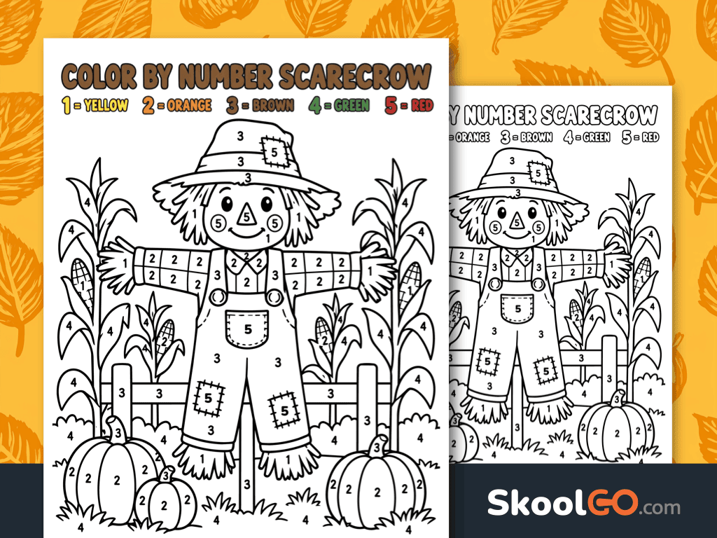 Scarecrow Color by Number Worksheet for Preschool and Kindergarten