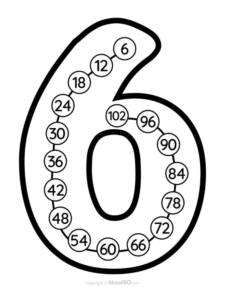 Skip Counting by 6 Poster – Black and White Black and white Skip Counting by 6 printable poster supporting multiplication readiness.