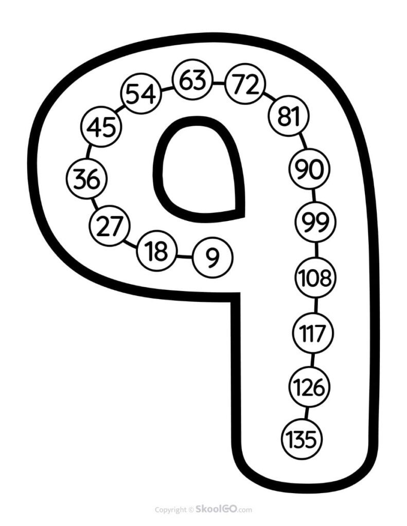Skip Counting by 9 Poster – Black and White Black and white Skip Counting by 9 printable classroom poster for math displays.