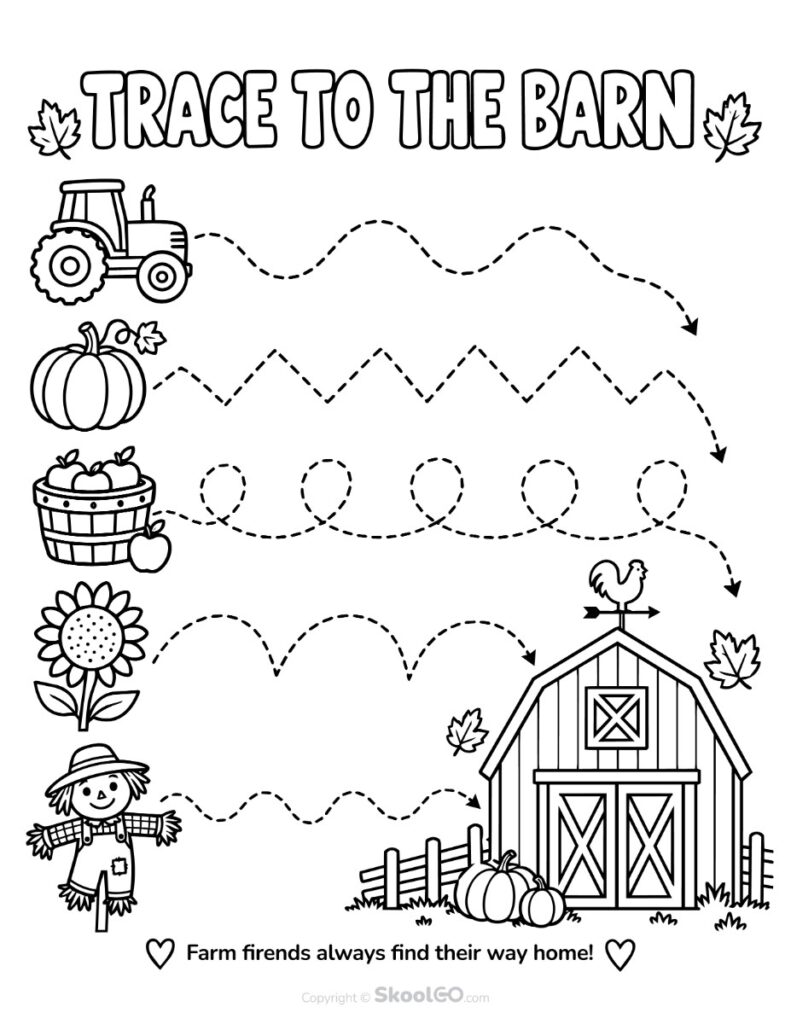 Trace to the Barn Black and White Worksheet Black and white Trace to the Barn worksheet for tracing and coloring.