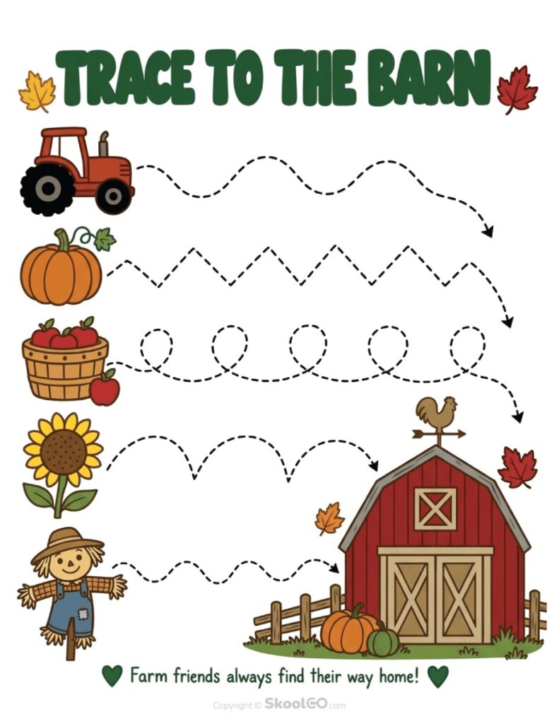 Trace to the Barn Color Tracing Worksheet Color Trace to the Barn worksheet with farm-themed tracing paths.