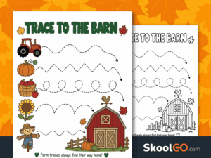 Free Trace to the Barn worksheet for fine motor and pre-writing practice.