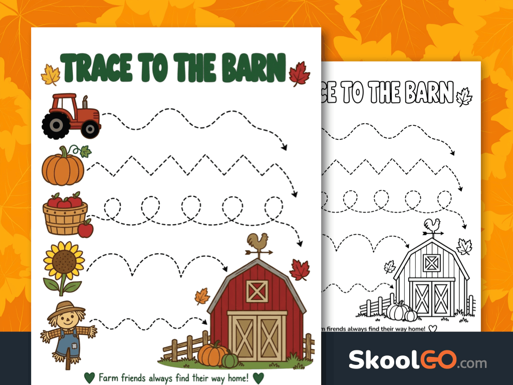 Free Trace to the Barn worksheet for fine motor and pre-writing practice.