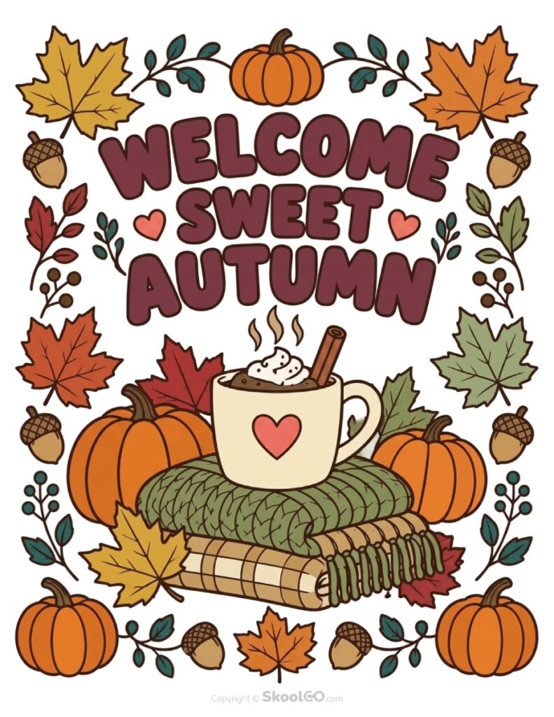 Welcome Sweet Autumn Color Poster Color Welcome Sweet Autumn Poster featuring pumpkins, autumn leaves and cozy seasonal artwork