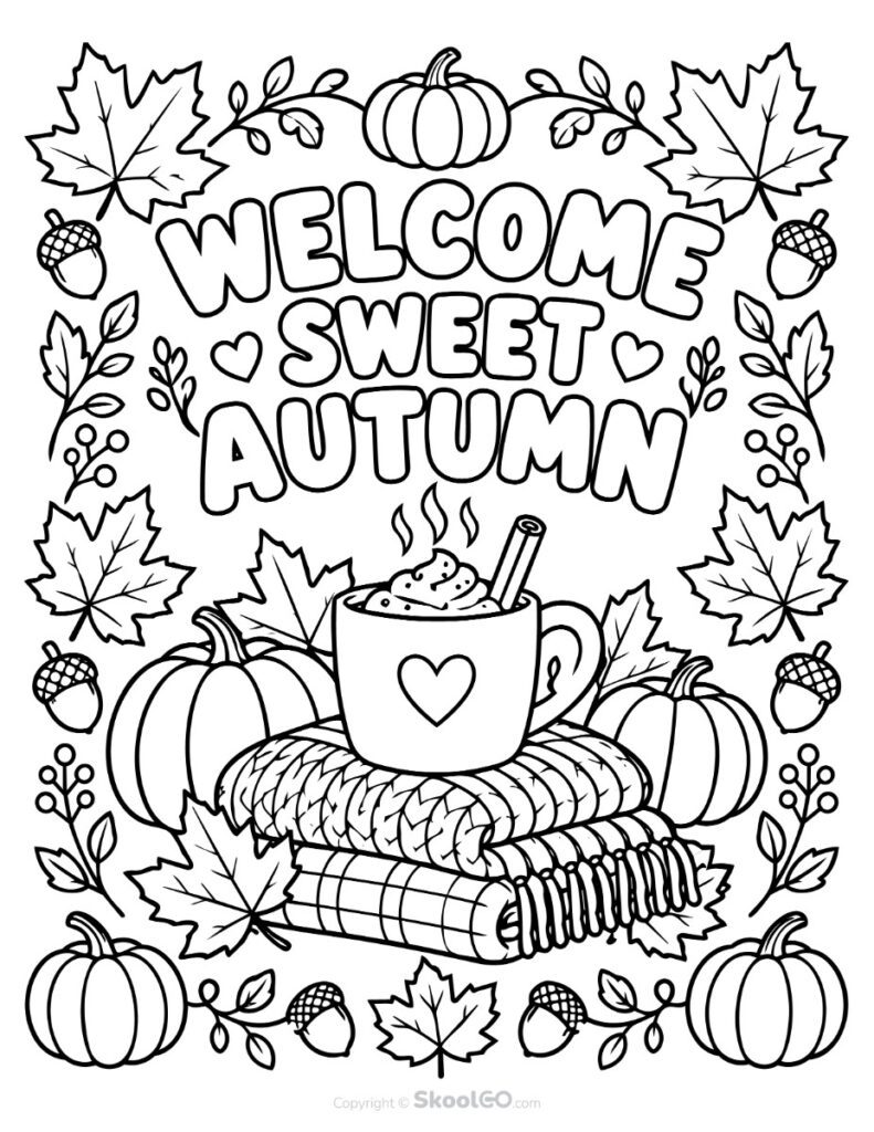 Welcome Sweet Autumn Coloring Poster Black and white Welcome Sweet Autumn Poster coloring page for seasonal classroom activities