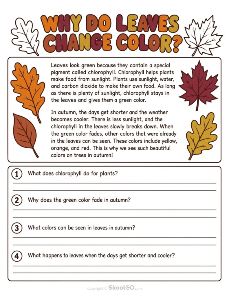 Why Do Leaves Change Color Color Worksheet Color reading comprehension worksheet explaining why leaves change color in autumn.