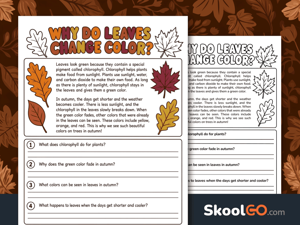 Free printable Why Do Leaves Change Color worksheet for reading comprehension and autumn science.